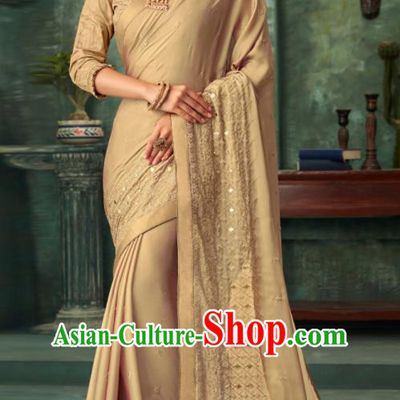 Indian Traditional Wedding Embroidered Khaki Sari Dress Asian India National Festival Costumes for Women
