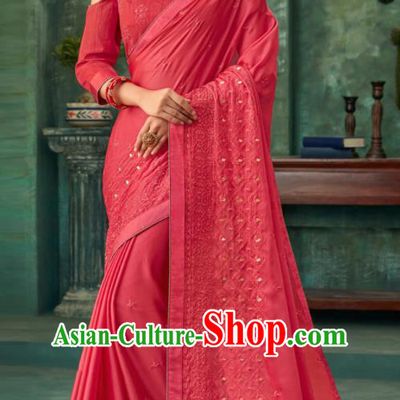 Indian Traditional Wedding Embroidered Rosy Sari Dress Asian India National Festival Costumes for Women