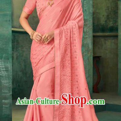Indian Traditional Wedding Embroidered Pink Sari Dress Asian India National Festival Costumes for Women