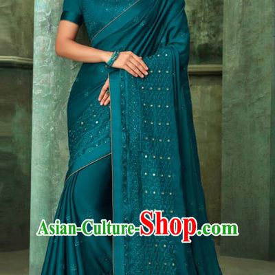 Indian Traditional Wedding Embroidered Deep Blue Sari Dress Asian India National Festival Costumes for Women