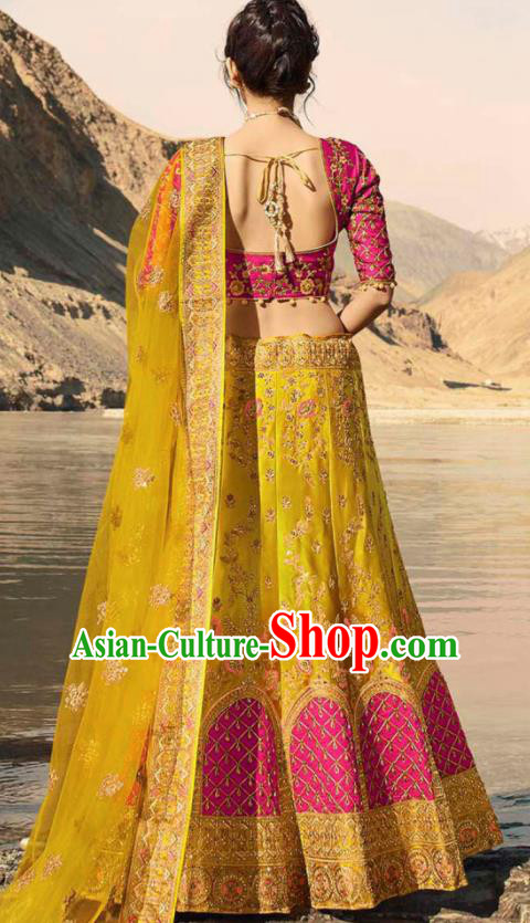 Indian Traditional Lehenga Embroidered Yellow Dress Asian India National Festival Costumes for Women
