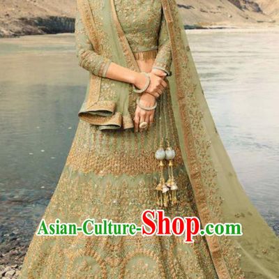 Indian Traditional Lehenga Embroidered Light Green Dress Asian India National Festival Costumes for Women