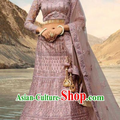 Indian Traditional Lehenga Embroidered Light Purple Dress Asian India National Festival Costumes for Women