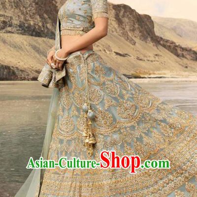 Indian Traditional Lehenga Embroidered Light Blue Dress Asian India National Festival Costumes for Women