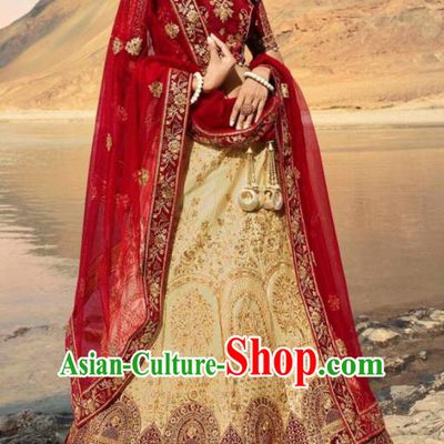Indian Traditional Lehenga Embroidered Light Golden Dress Asian India National Festival Costumes for Women