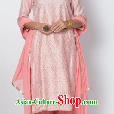 Asian Indian Punjabis Pink Cotton Silk Blouse and Skirt India Traditional Lehenga Choli Costumes Complete Set for Women