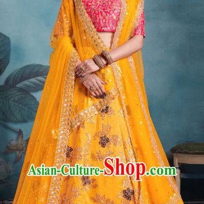 Indian Traditional Court Lehenga Bollywood Embroidered Yellow Dress Asian India National Festival Costumes for Women