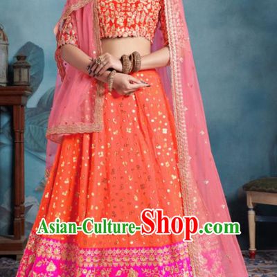 Indian Traditional Court Lehenga Bollywood Embroidered Orange Dress Asian India National Festival Costumes for Women