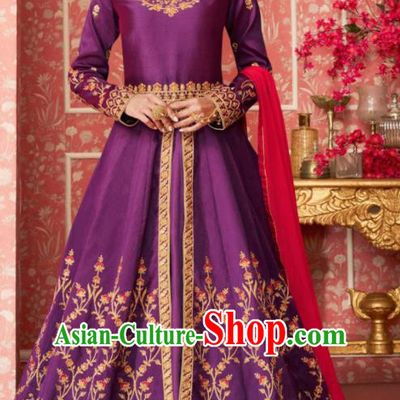Indian Traditional Court Bollywood Embroidered Purple Silk Anarkaili Dress Asian India National Festival Costumes for Women