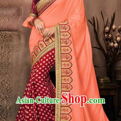 Indian Traditional Court Bollywood Pink Satin Sari Dress Asian India National Festival Costumes for Women