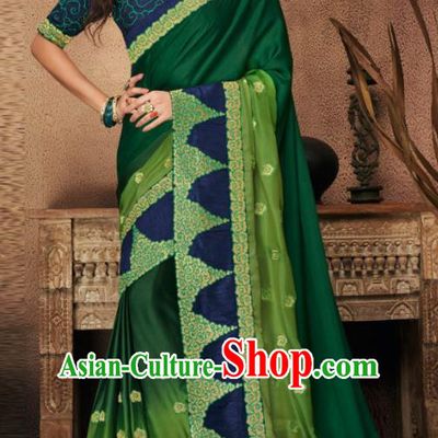 Indian Traditional Court Bollywood Deep Green Satin Sari Dress Asian India National Festival Costumes for Women