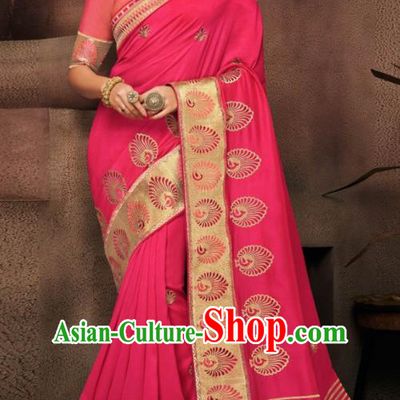 Indian Traditional Court Bollywood Rosy Satin Sari Dress Asian India National Festival Costumes for Women