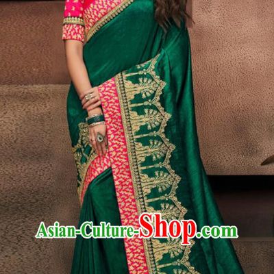 Indian Traditional Court Bollywood Deep Green Satin Sari Dress Asian India National Festival Costumes for Women