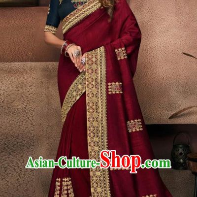 Indian Traditional Court Bollywood Wine Red Satin Sari Dress Asian India National Festival Costumes for Women