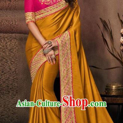 Indian Traditional Court Bollywood Golden Satin Sari Dress Asian India National Festival Costumes for Women