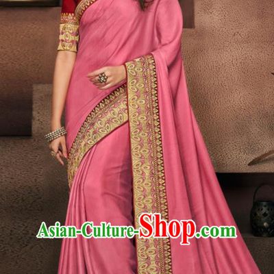 Indian Traditional Court Bollywood Peach Pink Satin Sari Dress Asian India National Festival Costumes for Women