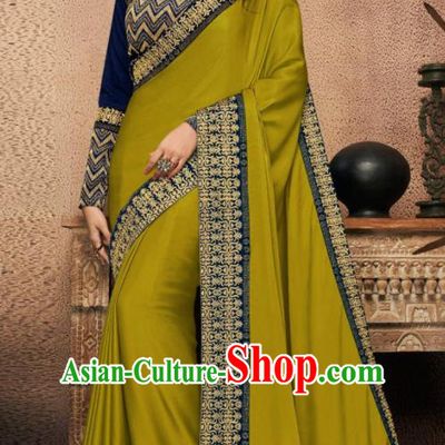 Indian Traditional Court Bollywood Olive Green Satin Sari Dress Asian India National Festival Costumes for Women