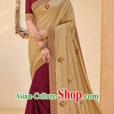 Traditional Indian Saree Wine Red and Ginger Silk Sari Dress Asian India National Festival Bollywood Costumes for Women