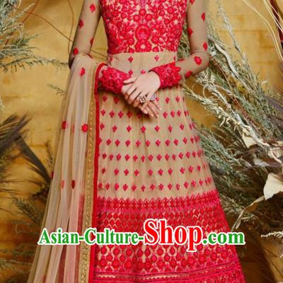 Indian Traditional Court Anarkali Kurta Light Red Dress Asian India National Festival Costumes for Women