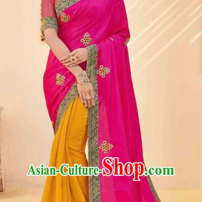 Traditional Indian Saree Rosy and Yellow Silk Sari Dress Asian India National Festival Bollywood Costumes for Women