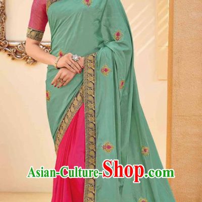 Traditional Indian Saree Green and Rosy Silk Sari Dress Asian India National Festival Bollywood Costumes for Women