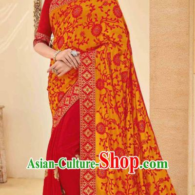 Traditional Indian Saree Red and Orange Silk Sari Dress Asian India National Festival Bollywood Costumes for Women