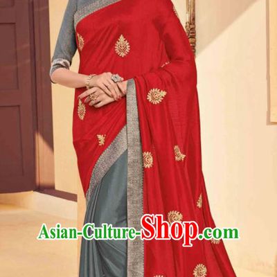 Traditional Indian Saree Red and Grey Silk Sari Dress Asian India National Festival Bollywood Costumes for Women