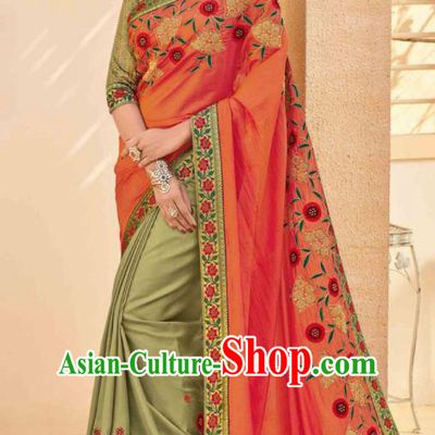 Traditional Indian Saree Olive Green and Orange Silk Sari Dress Asian India National Festival Bollywood Costumes for Women