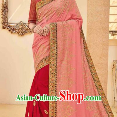 Traditional Indian Saree Pink and Red Silk Sari Dress Asian India National Festival Bollywood Costumes for Women