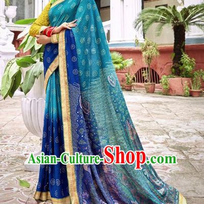 Indian Traditional Court Printing Blue Georgette Sari Dress Asian India National Festival Costumes for Women