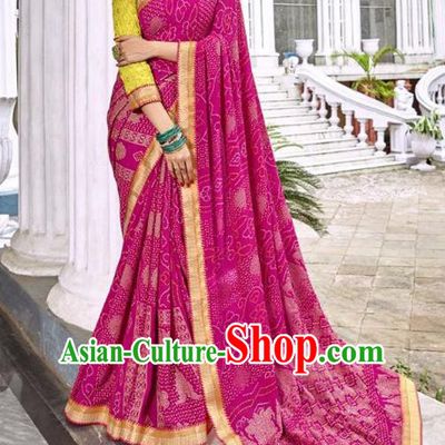 Indian Traditional Court Printing Rosy Georgette Sari Dress Asian India National Festival Costumes for Women
