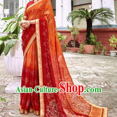 Indian Traditional Court Printing Saffron Georgette Sari Dress Asian India National Festival Costumes for Women