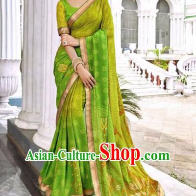 Indian Traditional Court Printing Green Georgette Sari Dress Asian India National Festival Costumes for Women