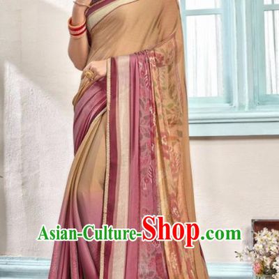 Indian Traditional Court Printing Lilac Sari Dress Asian India National Festival Costumes for Women