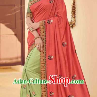 Traditional Indian Saree Pink and Green Silk Sari Dress Asian India National Festival Bollywood Costumes for Women