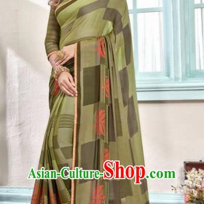 Indian Traditional Court Printing Olive Green Sari Dress Asian India National Festival Costumes for Women