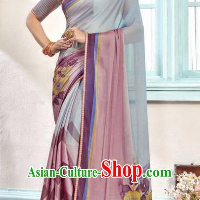 Indian Traditional Court Printing Light Blue Sari Dress Asian India National Festival Costumes for Women