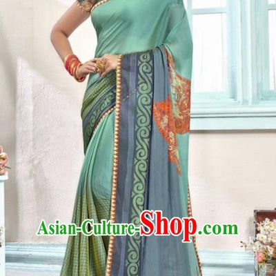 Indian Traditional Court Printing Lake Blue Sari Dress Asian India National Festival Costumes for Women