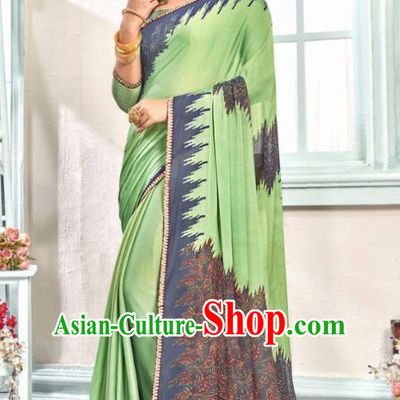 Indian Traditional Court Printing Green Sari Dress Asian India National Festival Costumes for Women