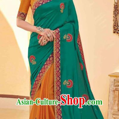 Traditional Indian Saree Orange and Green Silk Sari Dress Asian India National Festival Bollywood Costumes for Women