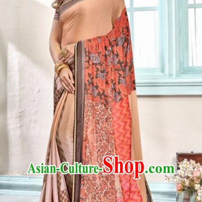 Indian Traditional Court Printing Pink Sari Dress Asian India National Festival Costumes for Women