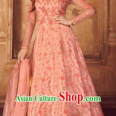 Indian Traditional Court Embroidered Pink Anarkali Dress Asian India National Festival Costumes for Women