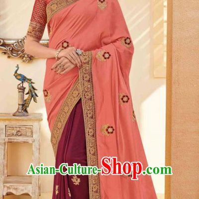 Traditional Indian Saree Pink and Purple Silk Sari Dress Asian India National Festival Bollywood Costumes for Women