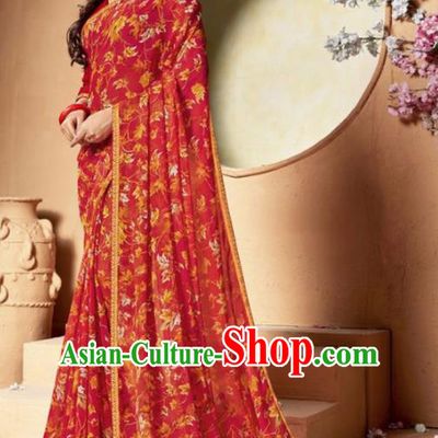 Indian Traditional Court Printing Red Chiffon Sari Dress Asian India National Festival Costumes for Women