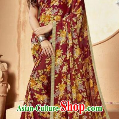 Indian Traditional Court Printing Wine Red Chiffon Sari Dress Asian India National Festival Costumes for Women
