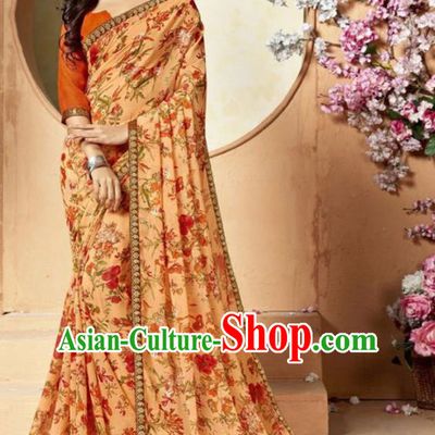 Indian Traditional Court Printing Apricot Chiffon Sari Dress Asian India National Festival Costumes for Women