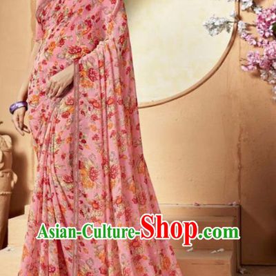 Indian Traditional Court Printing Pink Chiffon Sari Dress Asian India National Festival Costumes for Women