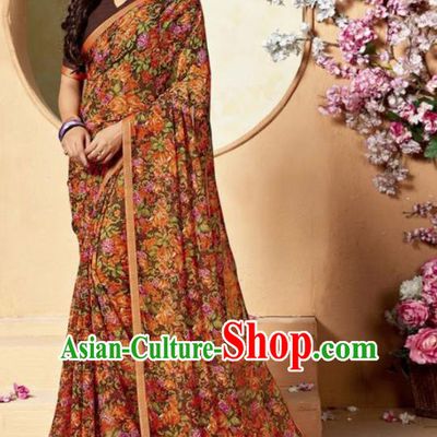 Indian Traditional Court Printing Chiffon Sari Dress Asian India National Festival Costumes for Women