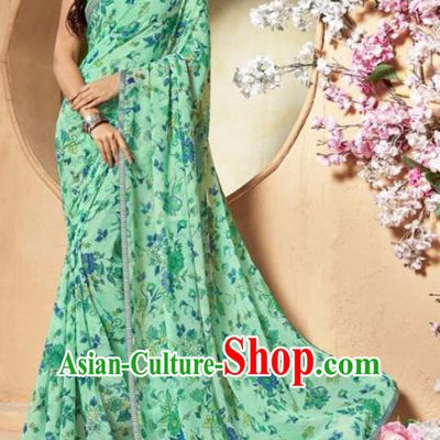 Indian Traditional Court Printing Light Green Chiffon Sari Dress Asian India National Festival Costumes for Women