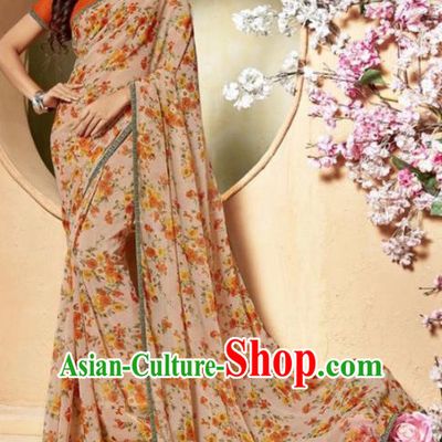 Indian Traditional Court Printing Light Khaki Chiffon Sari Dress Asian India National Festival Costumes for Women
